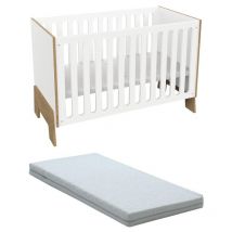 Lit bébé 60 x 120 cm - mdf - Blanc et naturel + Matelas - beruvo