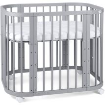 Lit Bébé Waldin 5en1, Lit Cododo en Bois, Matelas, Ventilé:Bois gris, Sans ensemble de tissus