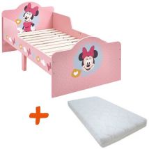 Lit bois + Matelas Minnie Mouse Disney rose et motifs colorés - 140x70 cm