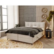 Emporius - Lit boxspring 160x200 Liron - Lit double matelas Bonell, sommier, topper, tissu bouclé - Crème (Anthology 1)