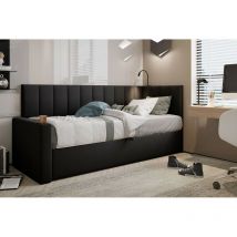 Lit Boxspring 100x200 cm tokio en tissu velours noir avec coffre et éclairage led - gauche