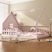 Lit cabane 140x200 cm, 2 places, avec fenêtre, sommier à lattes en bois massif, barrière de sécurité, forme de la maison, lit enfant princesse - Rose