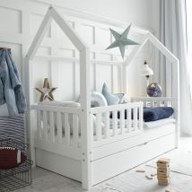 Lit cabane 90x190 barrière sommier et tiroir inclus Daisy Blanc