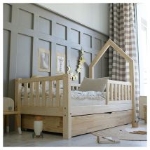 Lit cabane 90x190 barrière sommier et tiroir inclus Lorine Bois