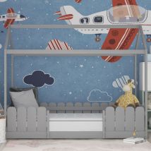 Lit cabane, avec protection antichute et sommier à lattes - 90x200 cm, en bois, gris (sans matelas)