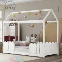 Lit maison pour enfants 90x200cm - Bois polyvalent avec protection contre les chutes, sommier à lattes - Blanc
