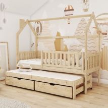 Lit cabane 90x200 sommiers lit gigogne et tiroirs Eliott Bois