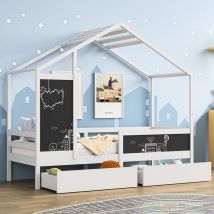 Lit cabane 90x200 cm, avec 2 tiroirs, 2 tableau noir, sommier à lattes en bois, toit, clôture de sécurité, lit simple au sol en forme de maison