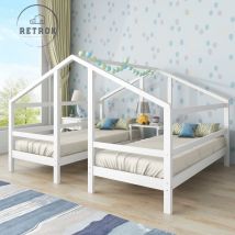 Retrok - Lit cabane 90x200cm pour 2 enfants, 2 lot de lit simple avec table de chevet et sommier à lattes, Bois de pin massif, Contemporain, Blanc