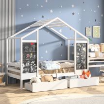 Sunfecili - Lit cabane 90x200,lit enfant avec deux tiroirs, deux tableau noir,bois massif, blanc