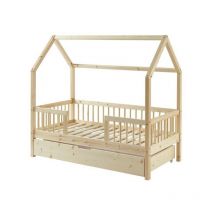 Laïba Kids - Lit cabane avec barrière et tiroir Safari Beige 70x140
