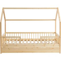 Lit cabane avec barrières tiny pin massif 90x190 sommier + tiroir inclus
