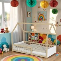 Le Quai Des Affaires - Lit Cabane Baloo 90x190 + 1 Sommier / Blanc Et Naturel/ 196x97x140.5