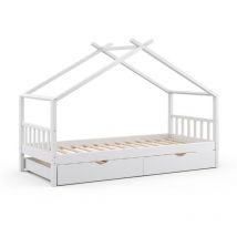 Lit cabane Design, Blanc, 90x200 cm avec lit d'appoint Vitalispa