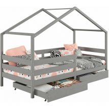 Lit cabane ENA avec tiroirs, 90 x 200 cm en pin massif lasuré gris