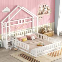 Lit cabane enfant 140x200 cm, avec chevets, lit plat enfant forme maison, avec barrière de protection grillagée, sommier à lattes, adapté aux enfants