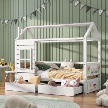 Lit D'Enfant 90x200 Cm Avec Fenêtre Protection Et Deux Tiroirs Rangement, Lit Cabane Enfant En Bois Pin Massif Multifonctionnel Pr Garçon/fille, Blanc