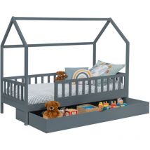 Lit cabane enfant 80 x 160 cm neree gris avec 1 tiroir gigogne et de rangement