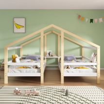 Lit cabane 90x200, lit enfant, 2 lit simples, avec table de milieu, lit ado, antichute - a, blanc + naturel