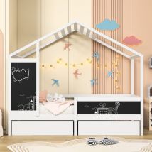 Eifson - Lit cabane enfant 90x200 cm, lit bébé en bois massif, avec deux grands tiroirs de rangement, avec deux tableaux noirs, pin + mdf, adapté aux