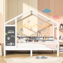 Nmonet - Lit cabane enfant 90x200 cm, avec tableau noir, étagères de rangement, sommier à lattes - Blanc