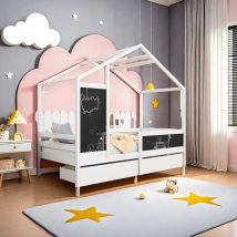 Blanketswarm - Lit cabane enfant 90x200 cm, lit enfant en bois massif avec 2 tiroirs, avec 2 tableau noir, lit simple avec sommier à lattes, espace