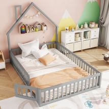 Fortuna Lai - Lit cabane enfant 140x200cm - lit en forme de cheminée avec sommier à lattes - bois de pin, gris