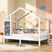 Blanketswarm - Lit cabane enfant 90x200cm, Lit enfant en bois massif, rangement à l'intérieur du lit, Lit simple au design moderne avec tableau noir,