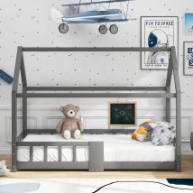 Fortuna Lai - Lit cabane enfant 90x200cm - sommier en pin massif avec sommier à lattes avec dispositif antichute - Gris