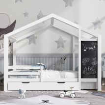Sunfecili - lit cabane enfant 90x200,lit cabane,lit enfant,lit en bois avec planche et 2 tiroirs, bois massif avec clôture et sommier à lattes, blanc