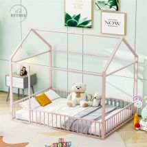 Wishdor - Lit cabane 140x200cm, cadre de lit en métal, avec clôture pour enfants, pas de somier, rose
