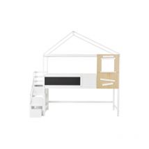 Lit cabane enfant avec sommier à lattes escalier avec 3 tiroirs blanc (200x90 cm)