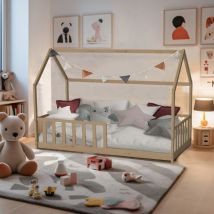Lit cabane Kiwi 90x190 + 1 sommier + barrière /Naturel/ 197x97x141