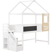 Lit cabane, lit enfant, avec escalier et fenêtre, avec sommier à lattes et 3 tiroirs, blanc (200x90 cm)