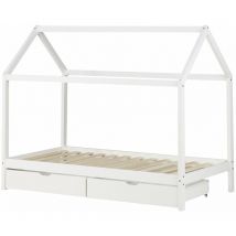 Lit cabane maison pour enfant avec sommier à lattes tissu et tiroirs de rangement en bois de pin blanc 90x200cm LIT06205