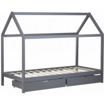 Lit cabane maison pour enfant avec sommier à lattes tissu et tiroirs de rangement en bois de pin gris 90x200cm LIT06206