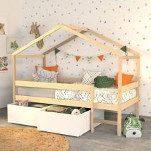 Lit cabane mika 90x190 + sommier + 2 tiroirs / Naturel & blanc/ 199x95x165
