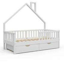 Lit cabane Noemi, Blanc, 80x160 cm avec 2 tiroirs Vitalispa