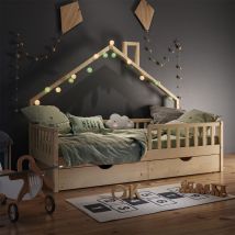 Vitalispa - Lit cabane Noemi, Naturel bois, 90x200 cm avec 2 tiroirs