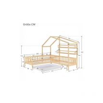 90x200cm+140x70cm Lit cabane pour enfant avec tiroirs et étagères bois massif avec clôture et sommier à lattes structure en L naturel
