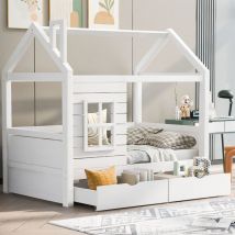 Lit cabane enfants, avec protection antichute, sommier à lattes, 80x160cm, en bois, blanc