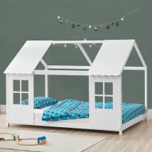 [en.casa] - Lit cabane Tostedt pour enfant forme maison bois de pin 140 x 200 cm blanc