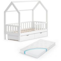 Lit cabane Wiki, Blanc, 80x160 cm avec tiroirs et matelas Vitalispa