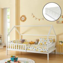 [en.casa] - Lit cabane Ydre avec matelas à mousse froid bois de pin 120 x 200 cm blanc