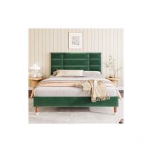 Dolin Home - Lit rembourré, cadre de lit rembourré avec sommier à lattes et tête de lit 140x200 cm, velours vert foncé, convient aux adultes et aux