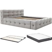 Pascal Morabito - Lit capitonné 140 x 190 cm - Tissu chiné - Gris clair + Sommier + Matelas - leruco de