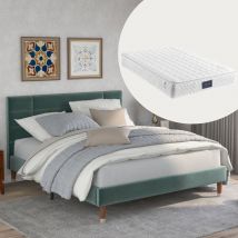 Hauss Spole - Lit capitonné 140 x 200 cm avec sommier à lattes et tête de lit, velours, vert, matelas inclus