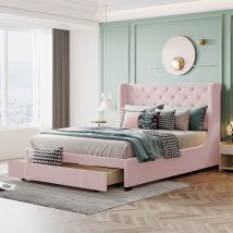Lit double capitonné 140 x 200 cm, lit adulte avec sommier à lattes, dossier et grands tiroirs, rose (matelas non inclus)