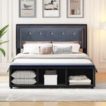Okwish - Lit capitonné 140 x 200 cm, lit double design 2 tons, tête de lit réglable en hauteur, repose-pieds avec rangements amovibles, lit jeunesse