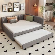 Okwish - Lit gigogne 140200 cm, canapé-lit, lits enfants avec sommier à lattes, tissu velours gris